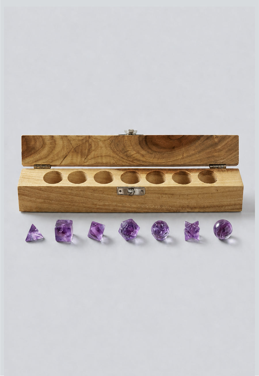 Platonic Solids Amethyst 7 Piece Sacred Geometry Set with Gift Wood Box