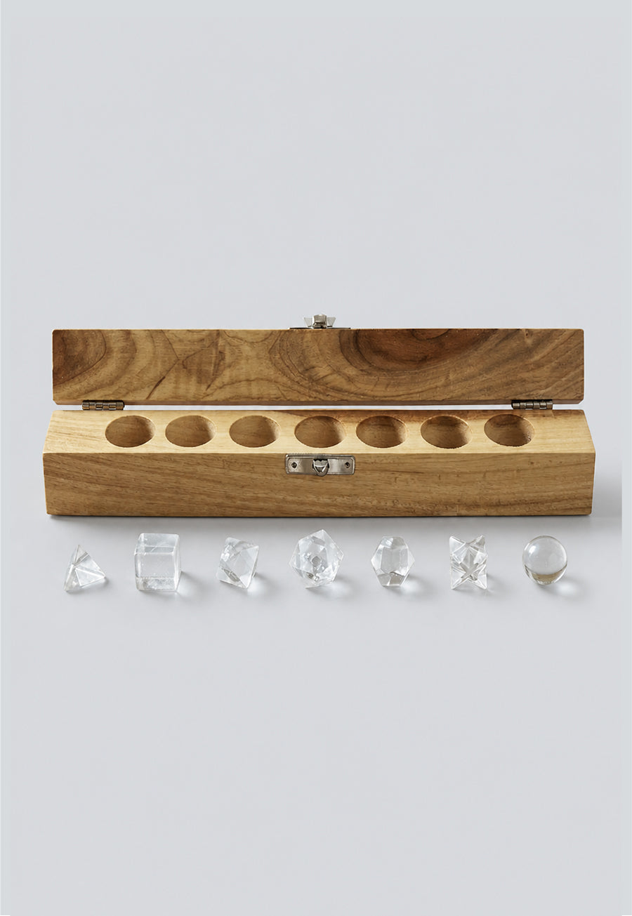Platonic Solids Quartz Crystal 7 Piece Sacred Geometry Set with Gift Wood Box