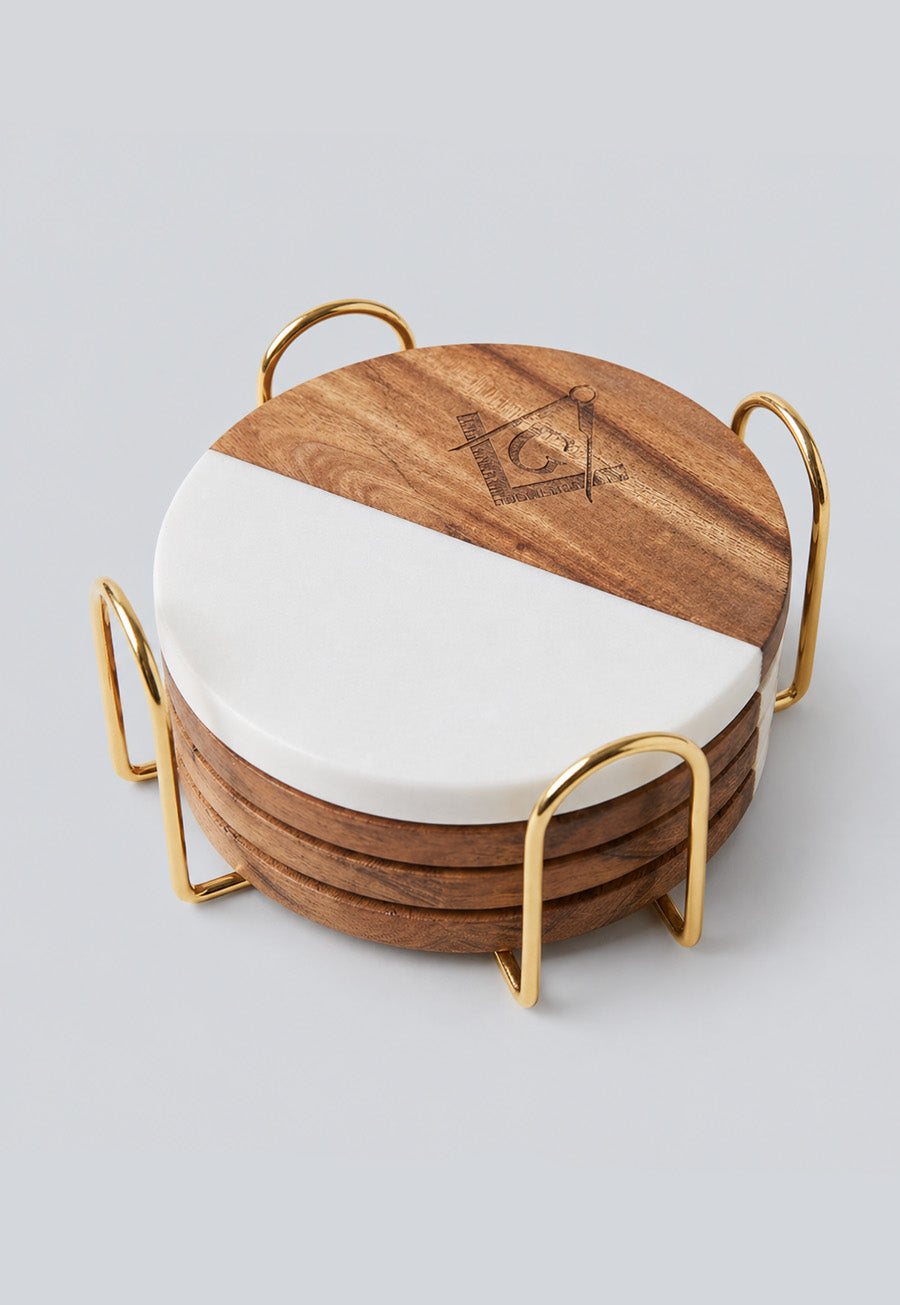 Square and Compass Marble and Wood Coaster Set