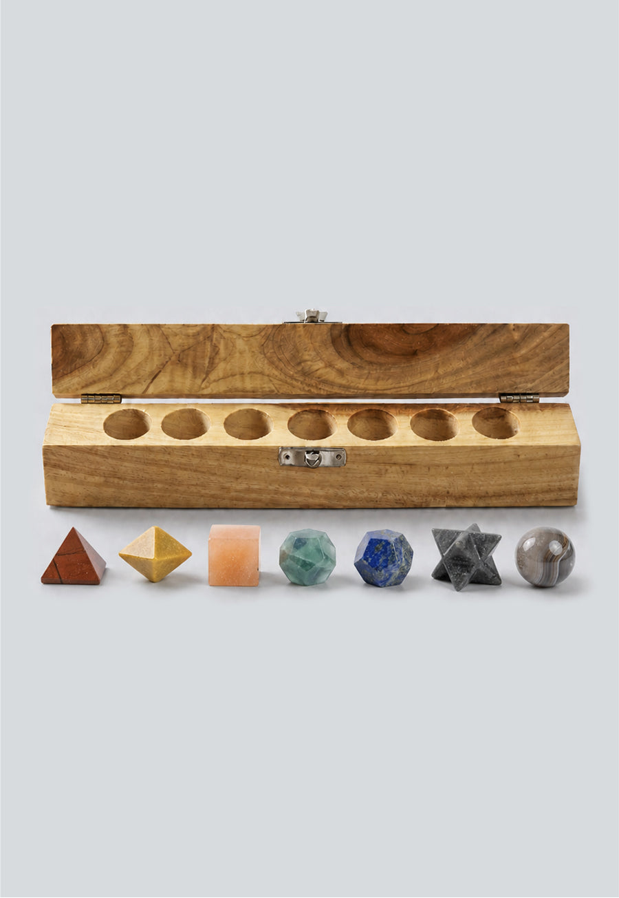 Platonic Solids Chakra 7 Piece Sacred Geometry Set with Gift Wood Box