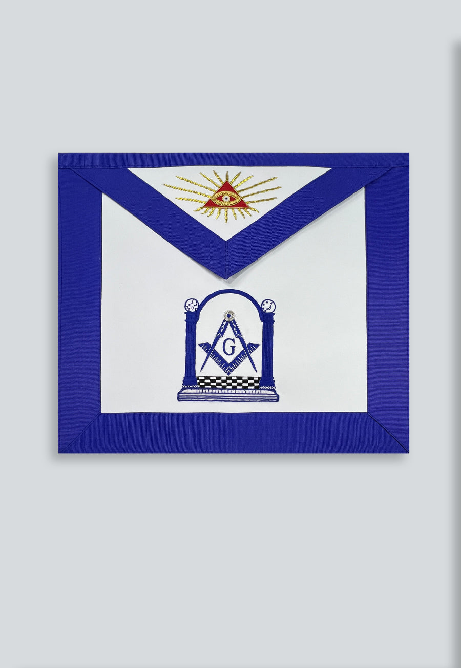 Master Mason Square &amp; Compass with Columns Masonic Apron - [Blue &amp; White]