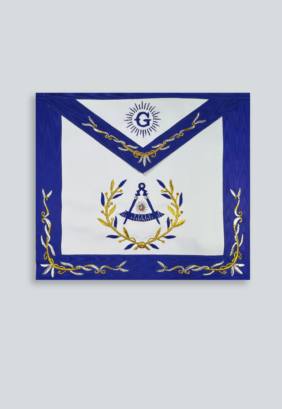 Wreathed Past Master Embroidered Border Masonic Apron - [Blue & White]