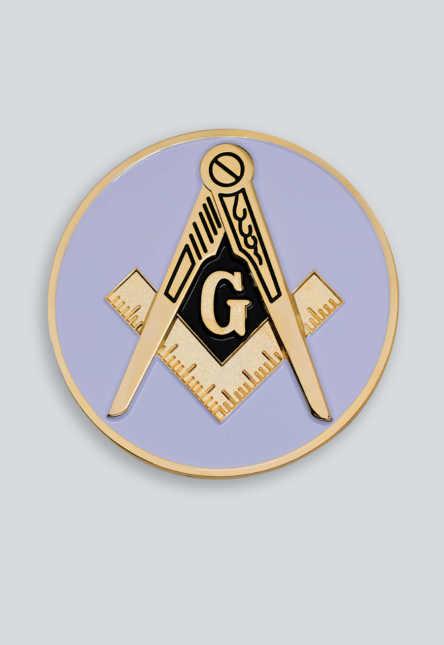 Square &amp; Compass Round Masonic Auto Emblem - [White &amp; Gold]