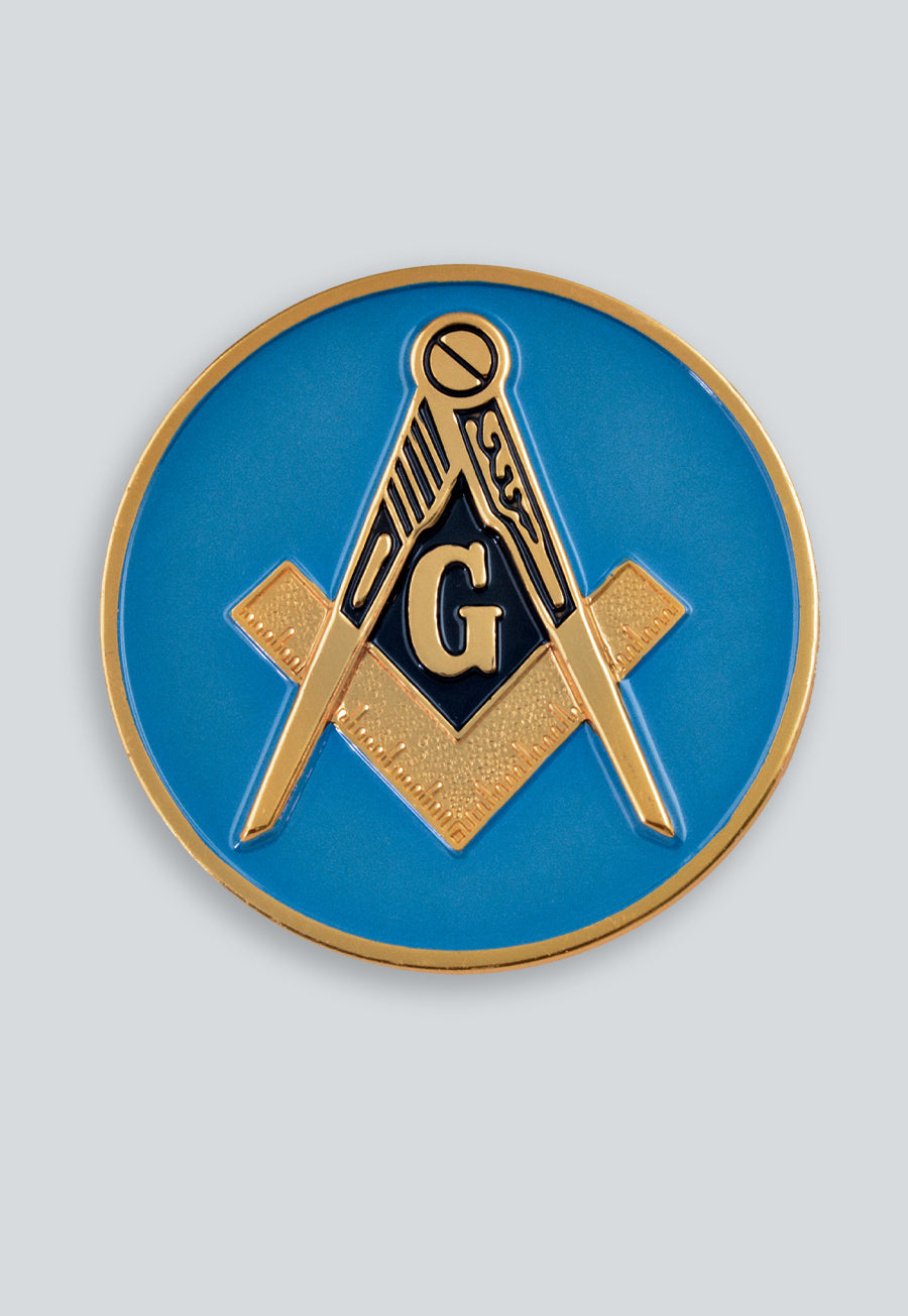 Square &amp; Compass Round Masonic Auto Emblem - [Blue &amp; Gold]