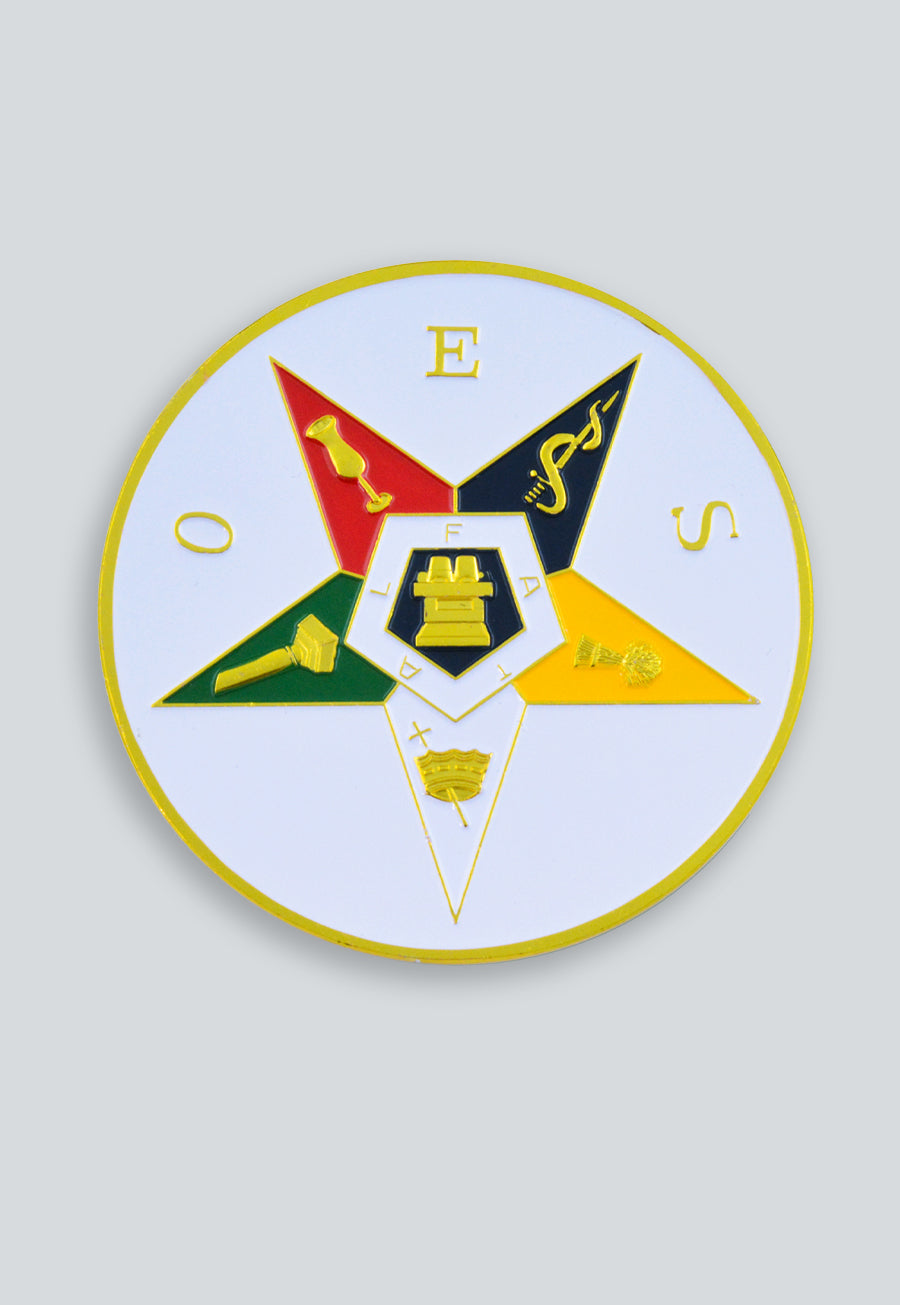 Order of the Eastern Star Round Masonic Auto Emblem - [White &amp; Gold]