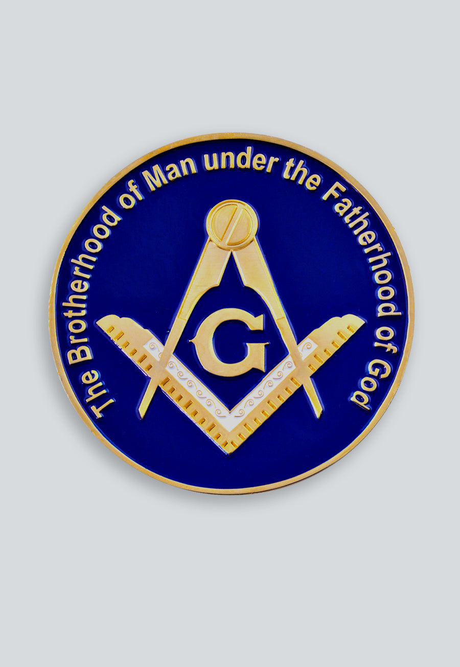 Brotherhood of Man Fatherhood of God Square &amp; Compass Round Masonic Auto Emblem - [Blue &amp; Gold]
