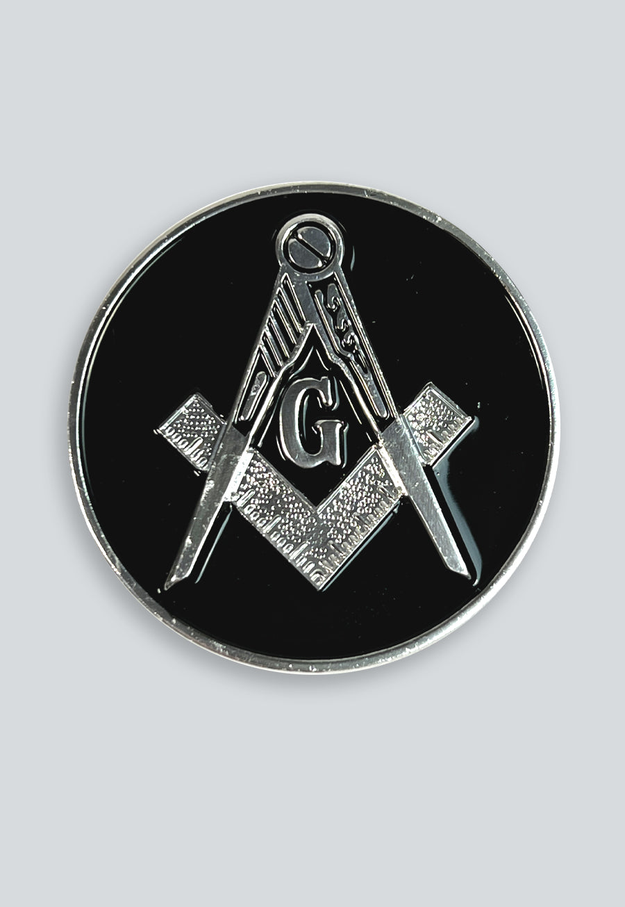 Square &amp; Compass Round Masonic Auto Emblem - [Black &amp; Silver][2'' Diameter]