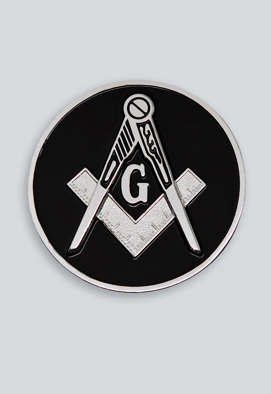 Square &amp; Compass Round Masonic Auto Emblem - [Black &amp; Silver]