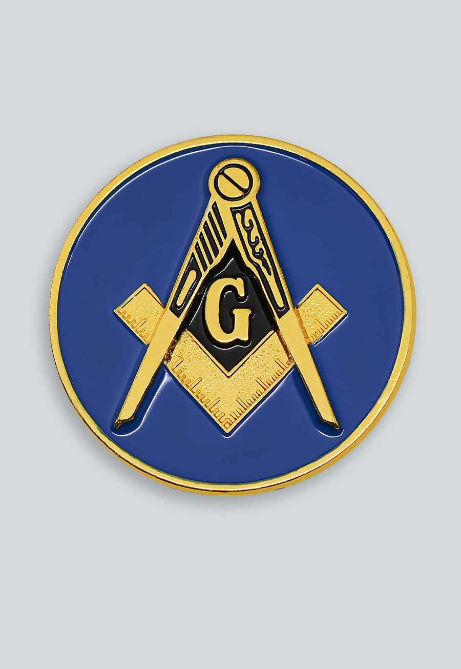 Square &amp; Compass Round Masonic Auto Emblem - [Blue &amp; Gold][2'' Diameter]