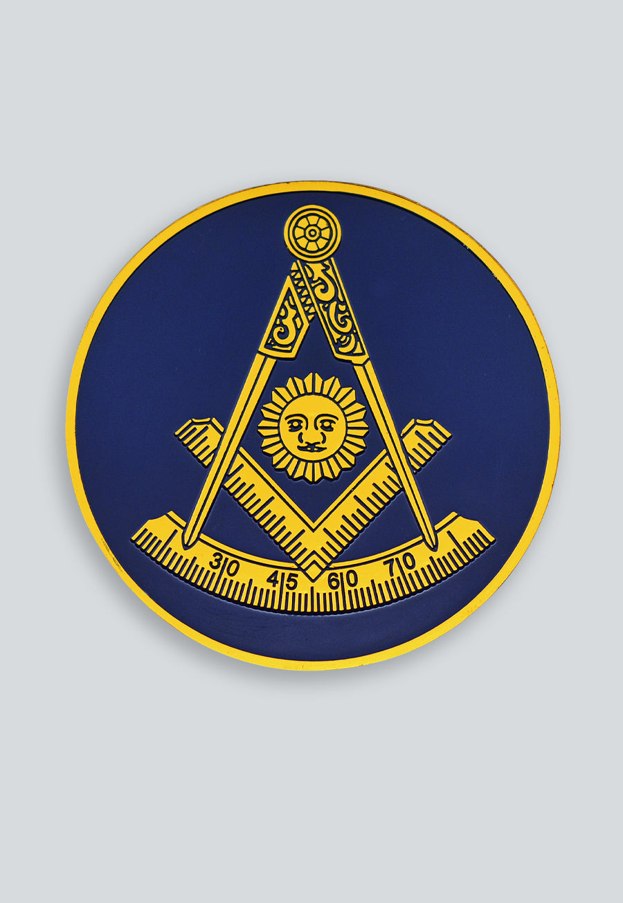 Past Master with Square &amp; Protractor Round Masonic Auto Emblem - [Blue &amp; Gold]