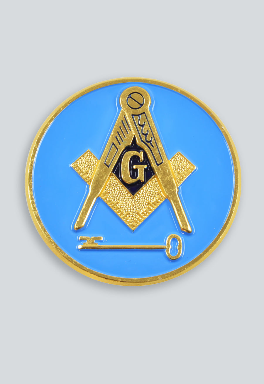 International Freemason Square &amp; Compass with Key Round Masonic Auto Emblem - [Blue &amp; Gold]