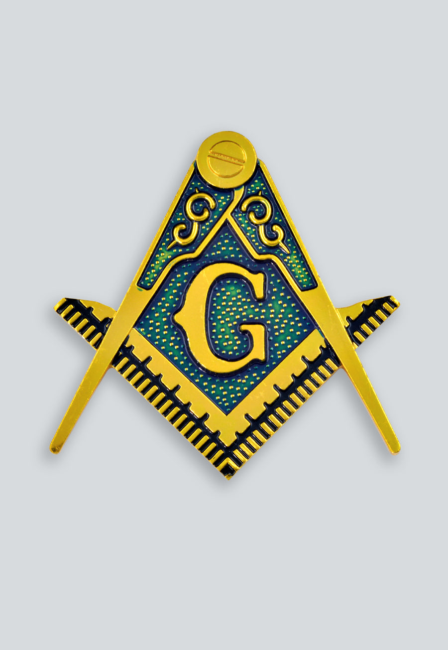 Square &amp; Compass Masonic Auto Emblem - [Gold &amp; Blue][2 3/8'' Tall]