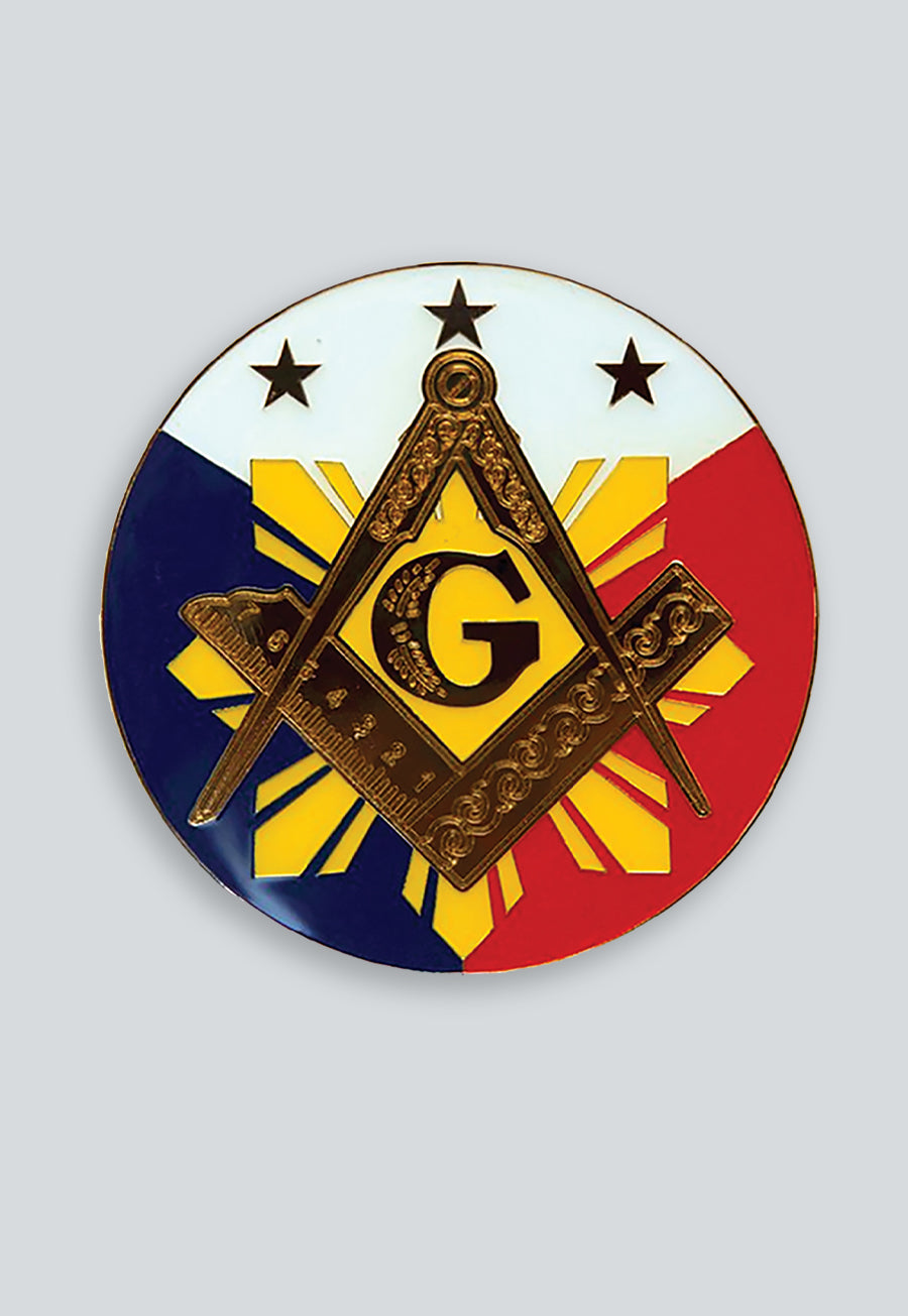 Square &amp; Compass Sun Round Masonic Auto Emblem - [Red White &amp; Blue]