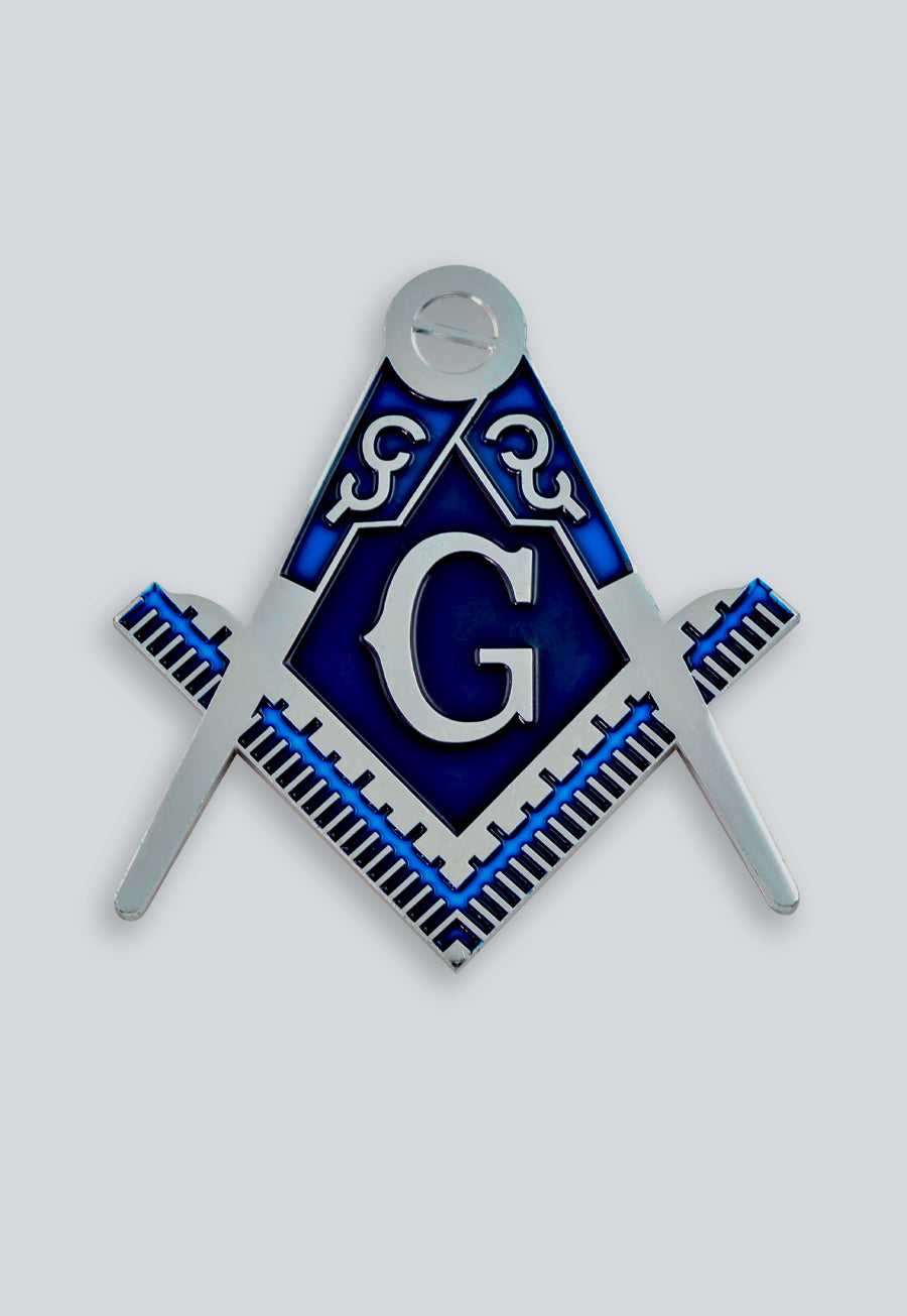 Square &amp; Compass Masonic Auto Emblem - [Silver &amp; Blue][3'' Tall]