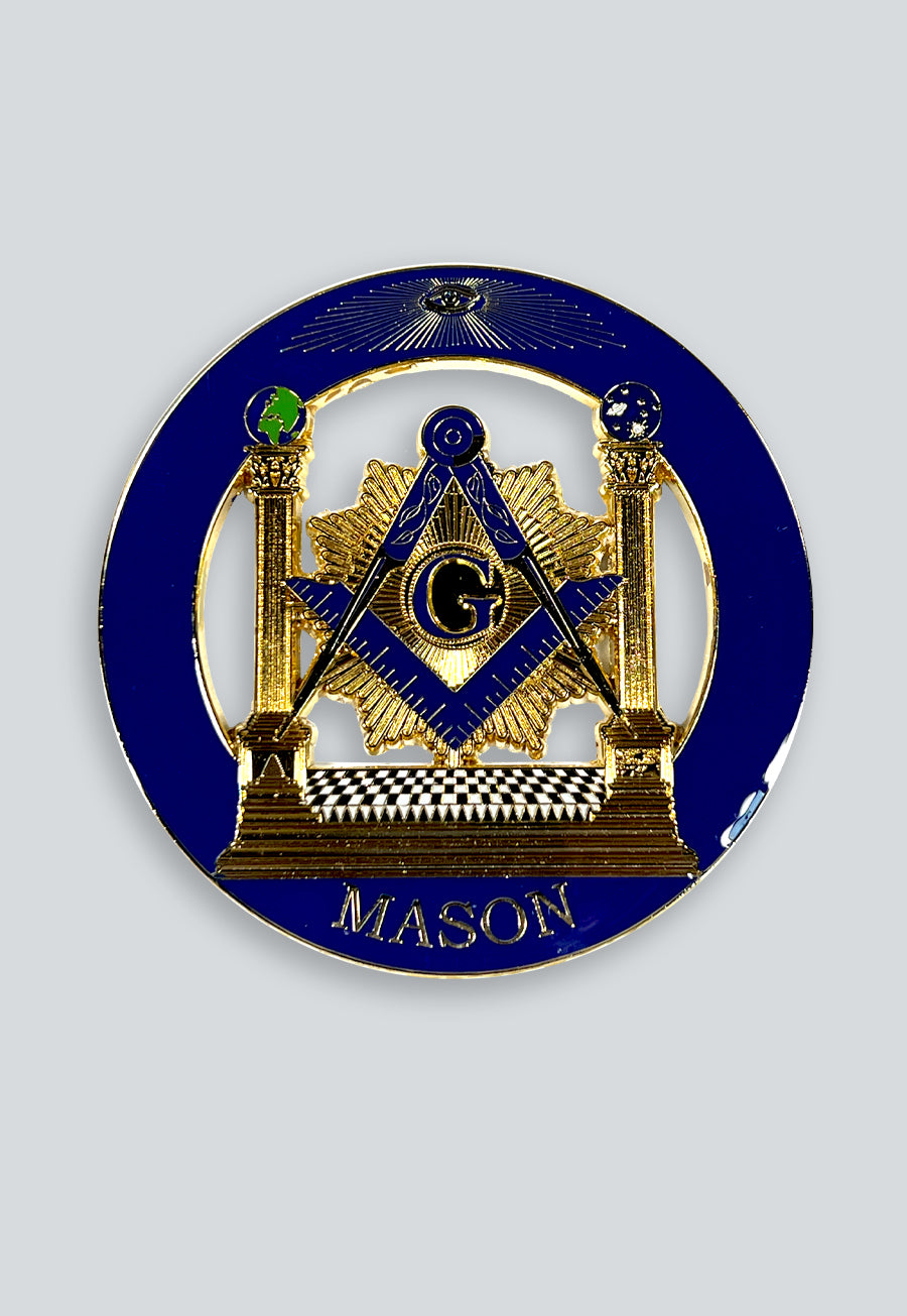 Double Columns Round Masonic Auto Emblem - [Blue &amp; Gold]