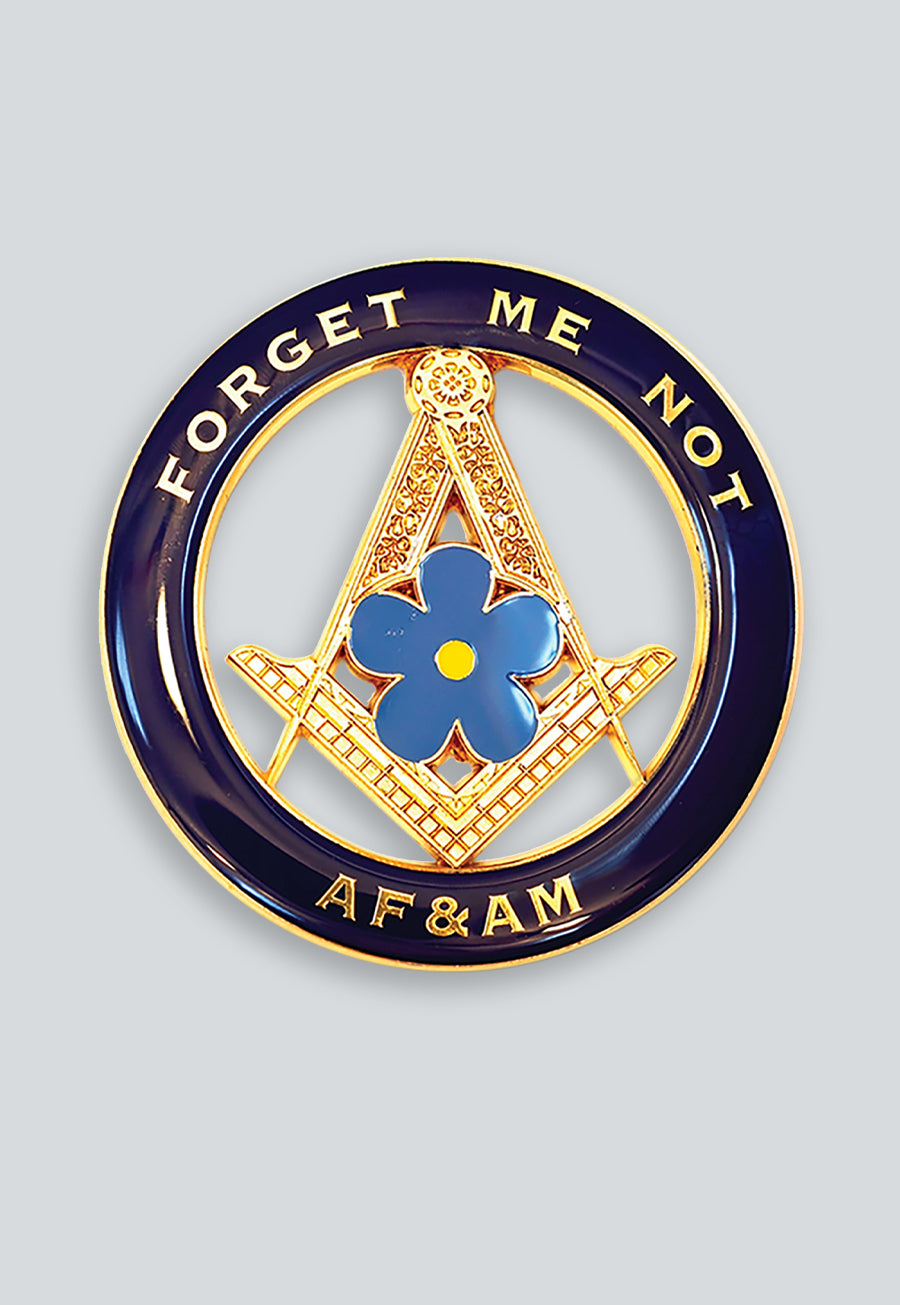 Forget Me Not AF&amp;AM Round Masonic Auto Emblem - [Blue &amp; Gold]
