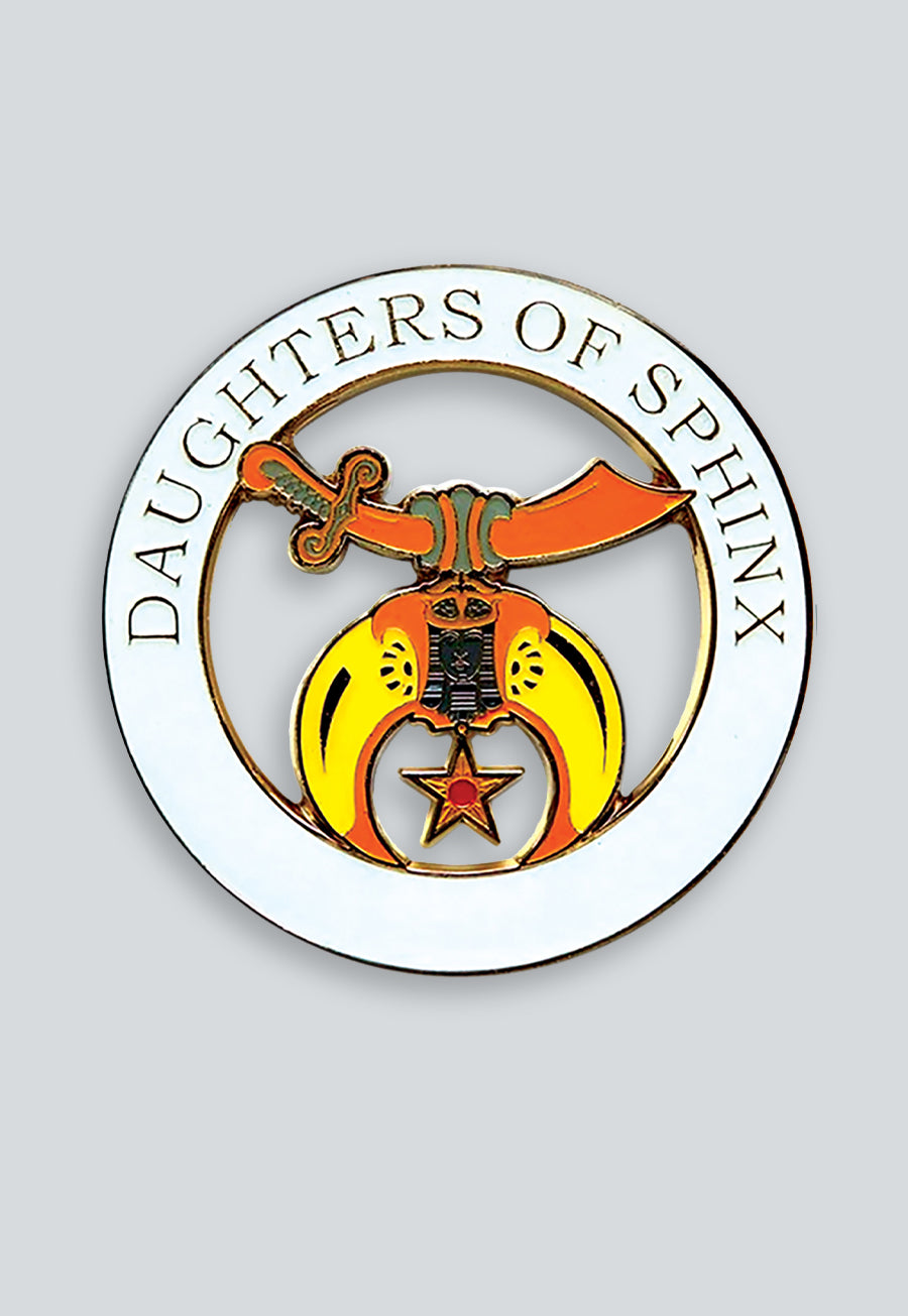 Daughters of Sphinx Round Masonic Auto Emblem - [White &amp; Gold]