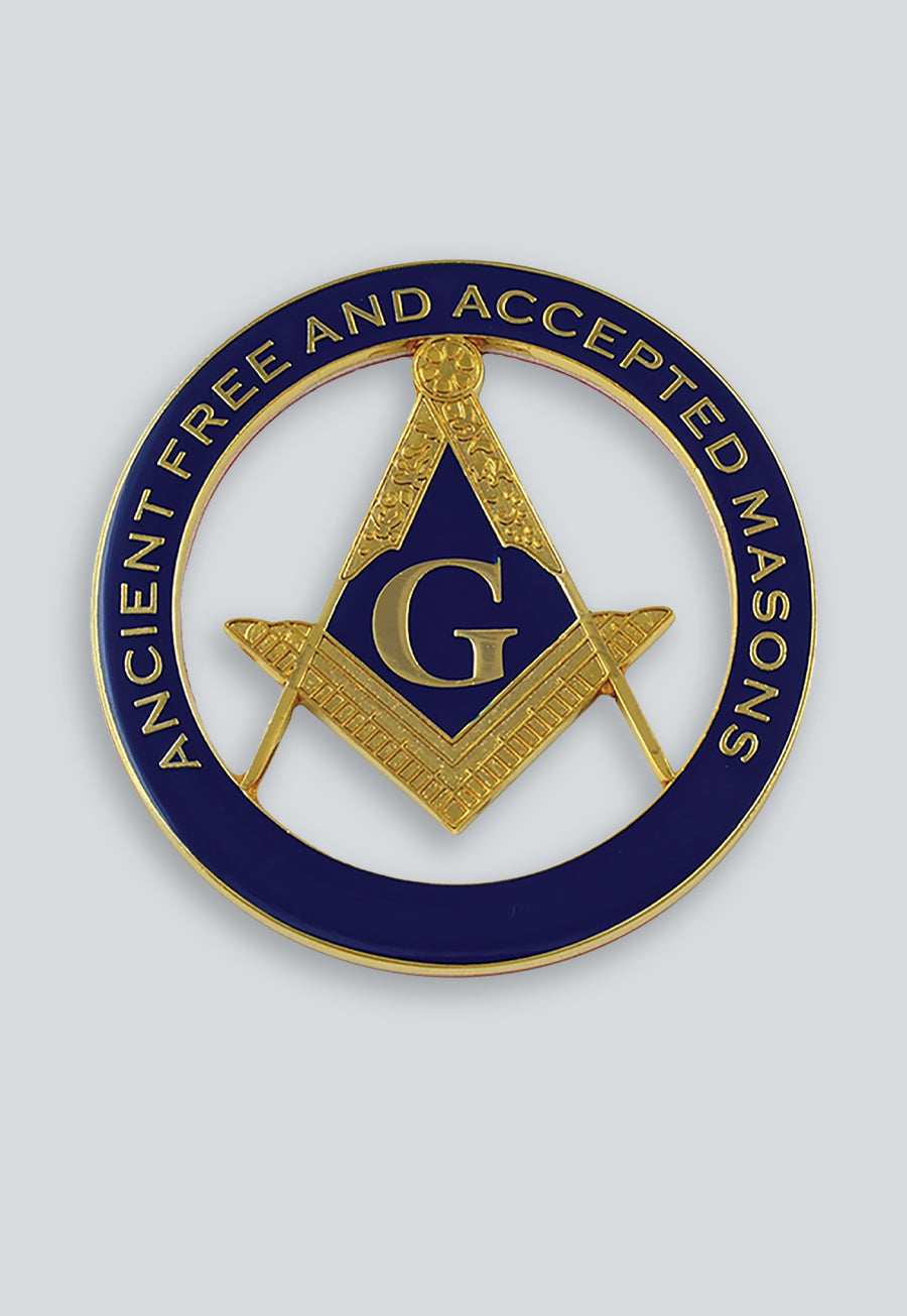 AF&amp;AM Square &amp; Compass Round Masonic Auto Emblem - [Blue &amp; Gold]