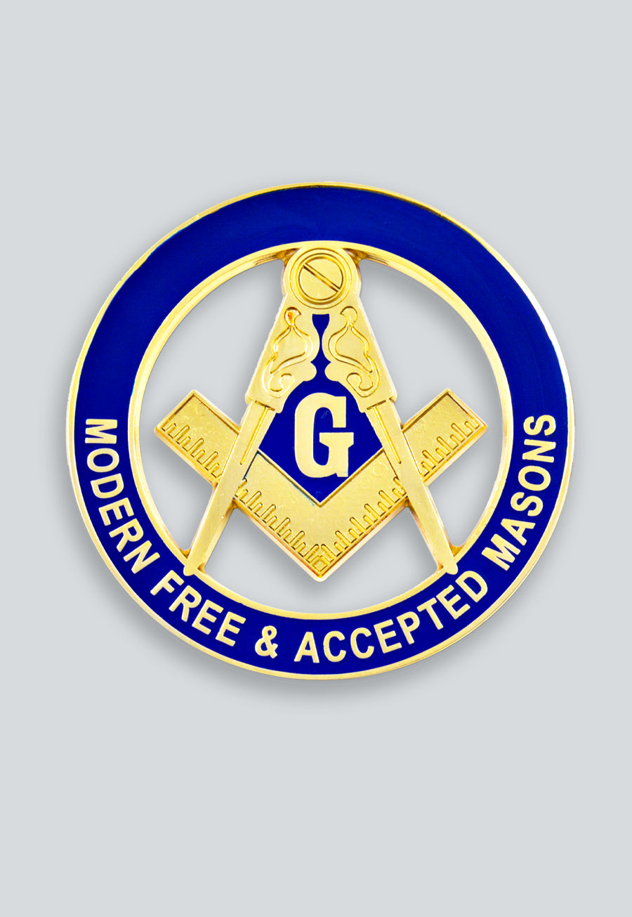 Modern Free &amp; Accepted Square &amp; Compass Round Masonic Auto Emblem - [Blue &amp; Gold]