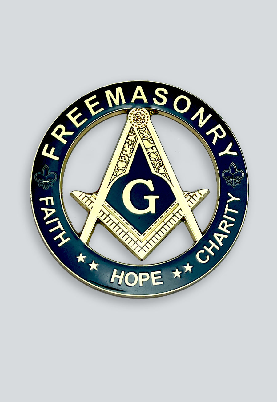 Faith Hope Charity Square &amp; Compass Round Masonic Auto Emblem - [Blue &amp; Gold]
