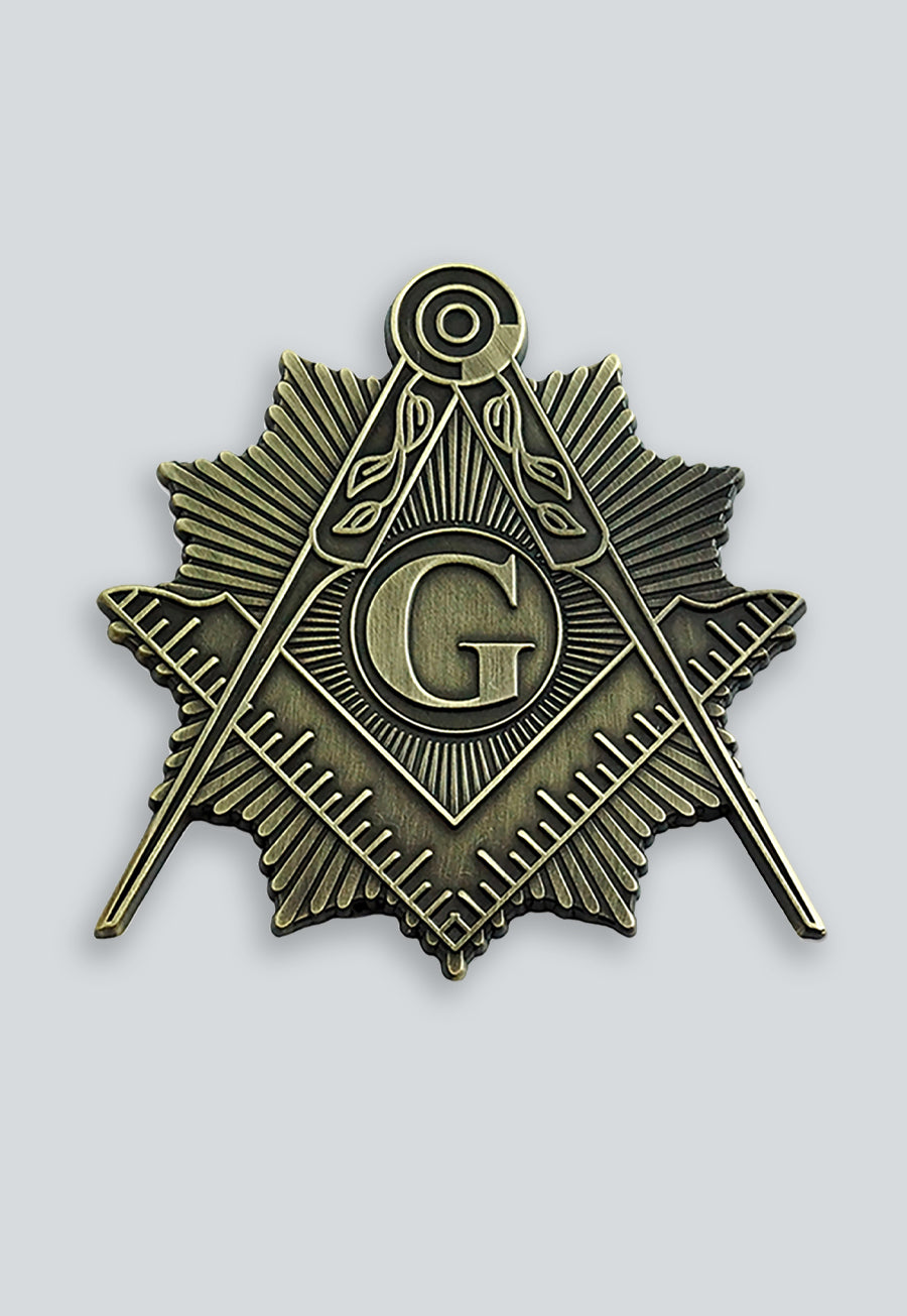 Shining Square &amp; Compass Masonic Auto Emblem - [Antique Brass][3'' Tall]
