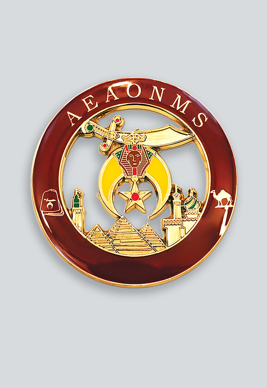 Shriner AEAONMS Round Masonic Auto Emblem - [Raspberry &amp; Gold]
