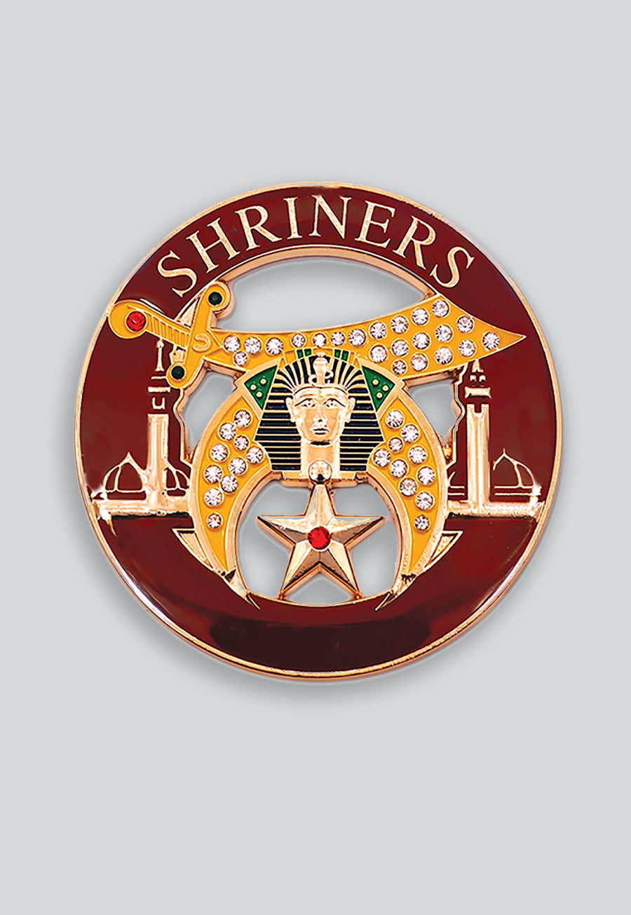 Shriner Rhinestone Round Masonic Auto Emblem - [Burgundy &amp; Gold]