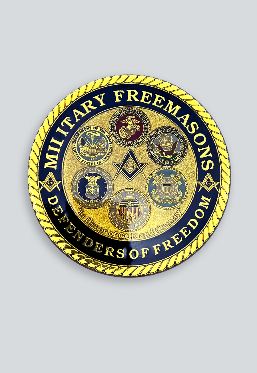 Military Masons Defenders of Freedom Round Masonic Auto Emblem - [Blue &amp; Gold]