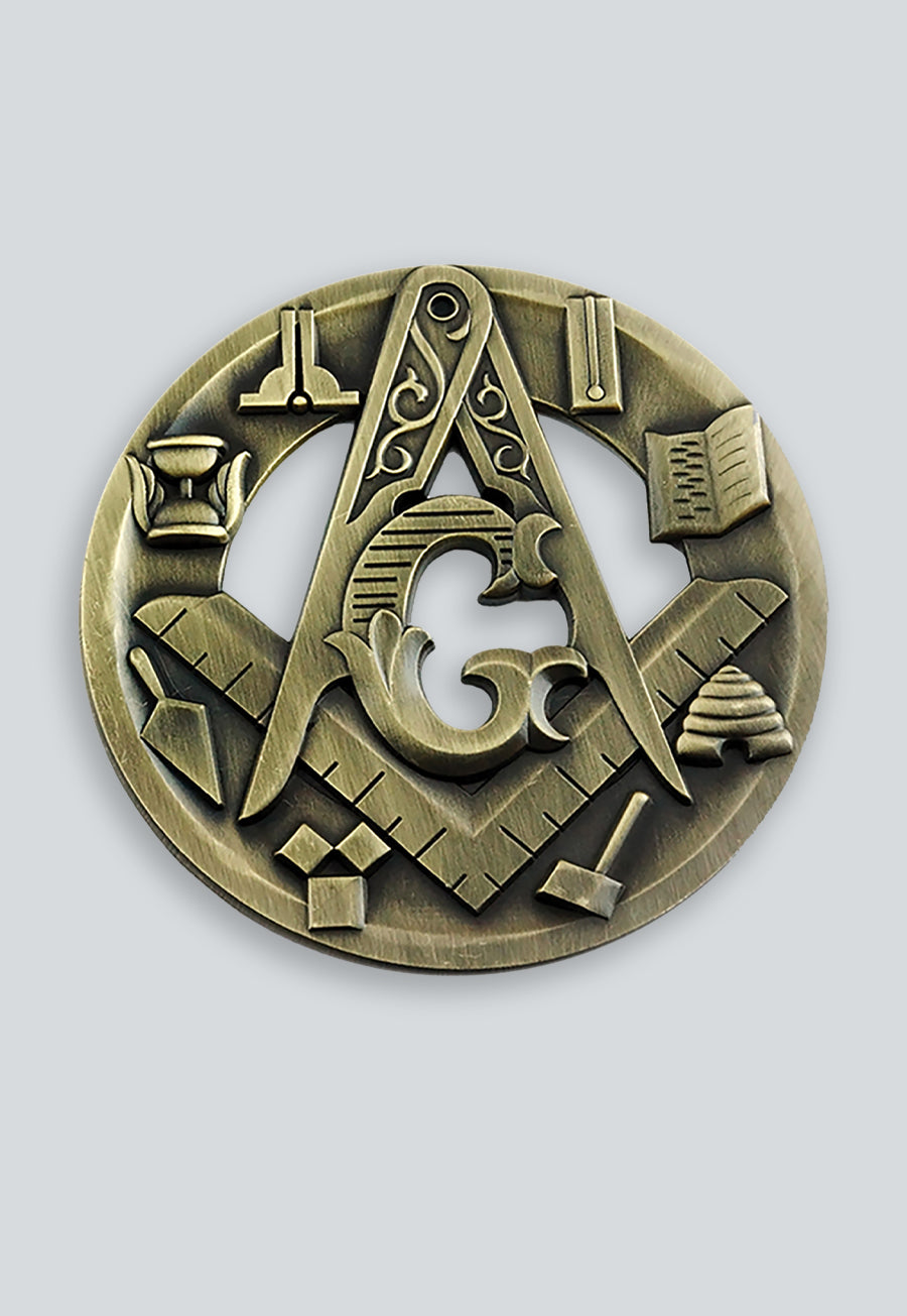 Symbolic Square &amp; Compass Round Masonic Auto Emblem - [Antique Brass]