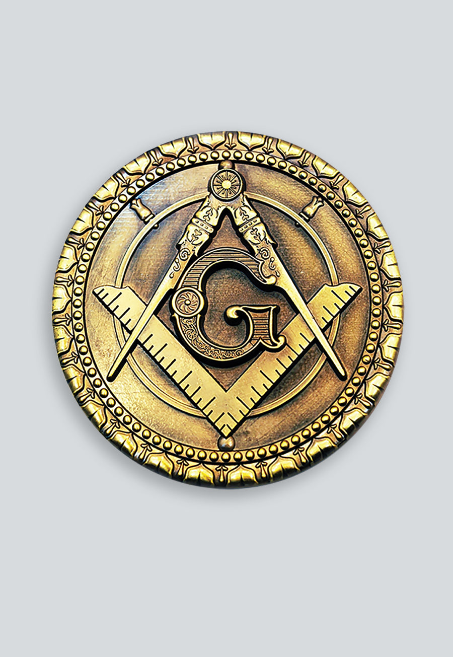 Square &amp; Compass Round Masonic Auto Emblem - [Antique Brass]