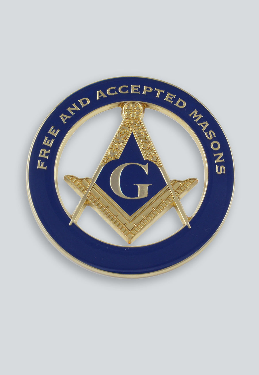 F&amp;AM Square &amp; Compass Round Masonic Auto Emblem - [Blue &amp; Gold]
