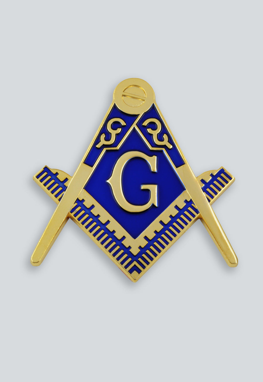Square &amp; Compass Masonic Auto Emblem - [Brass &amp; Blue][3'' Tall]