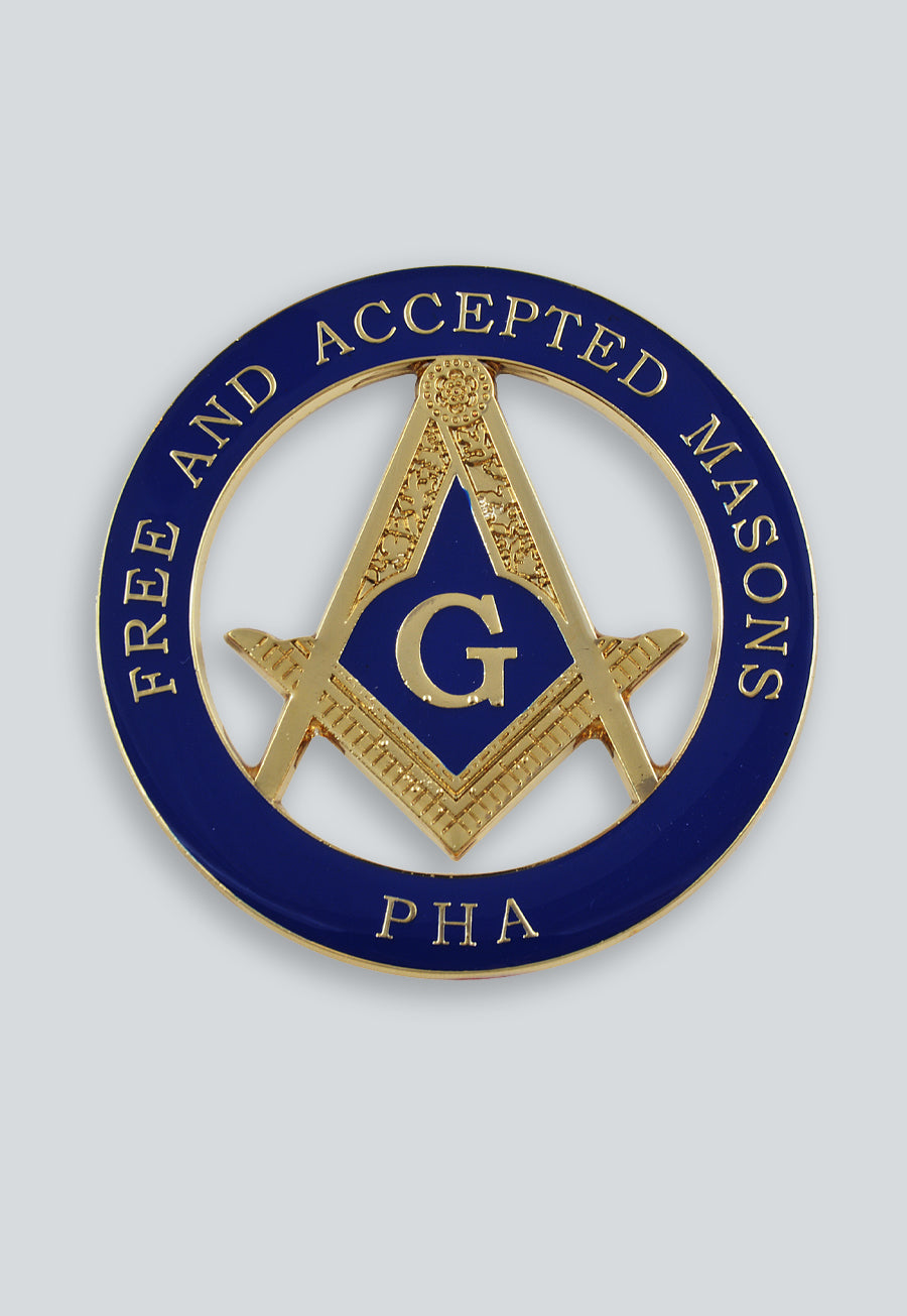 Prince Hall F&amp;AM Square &amp; Compass Round Masonic Auto Emblem - [Blue &amp; Gold]