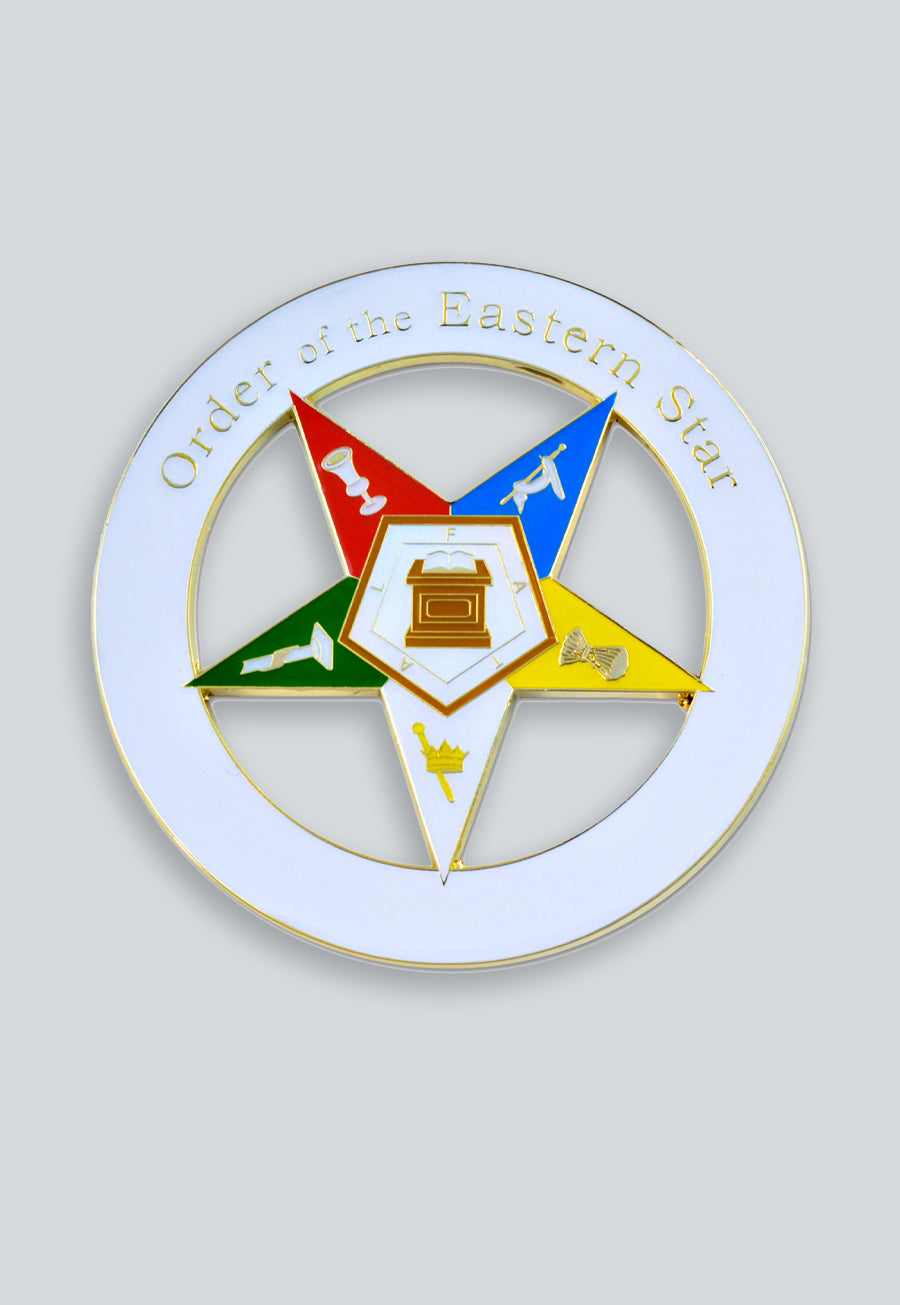 Order of the Eastern Star Round Masonic Auto Emblem - [White &amp; Gold]