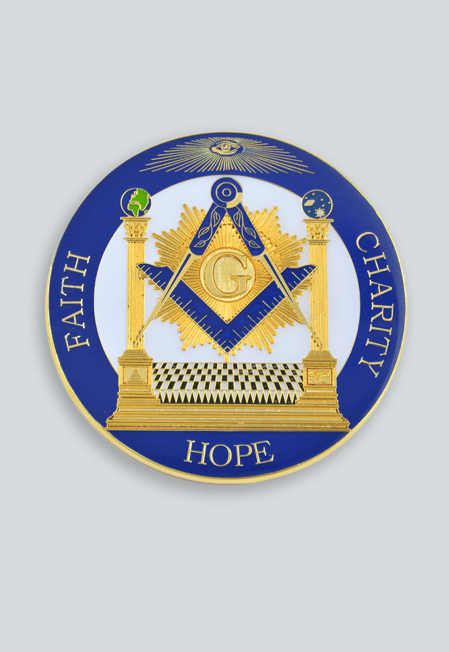 Square &amp; Compass with Columns Faith Hope Charity Masonic Auto Emblem - [Blue &amp; Gold]