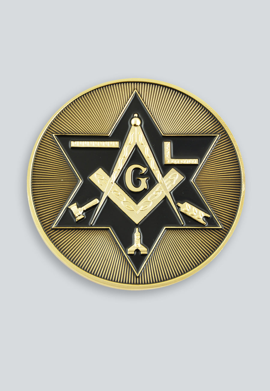 Shining Star of David Working Tools Square &amp; Compass Masonic Auto Emblem - [Gold &amp; Black]