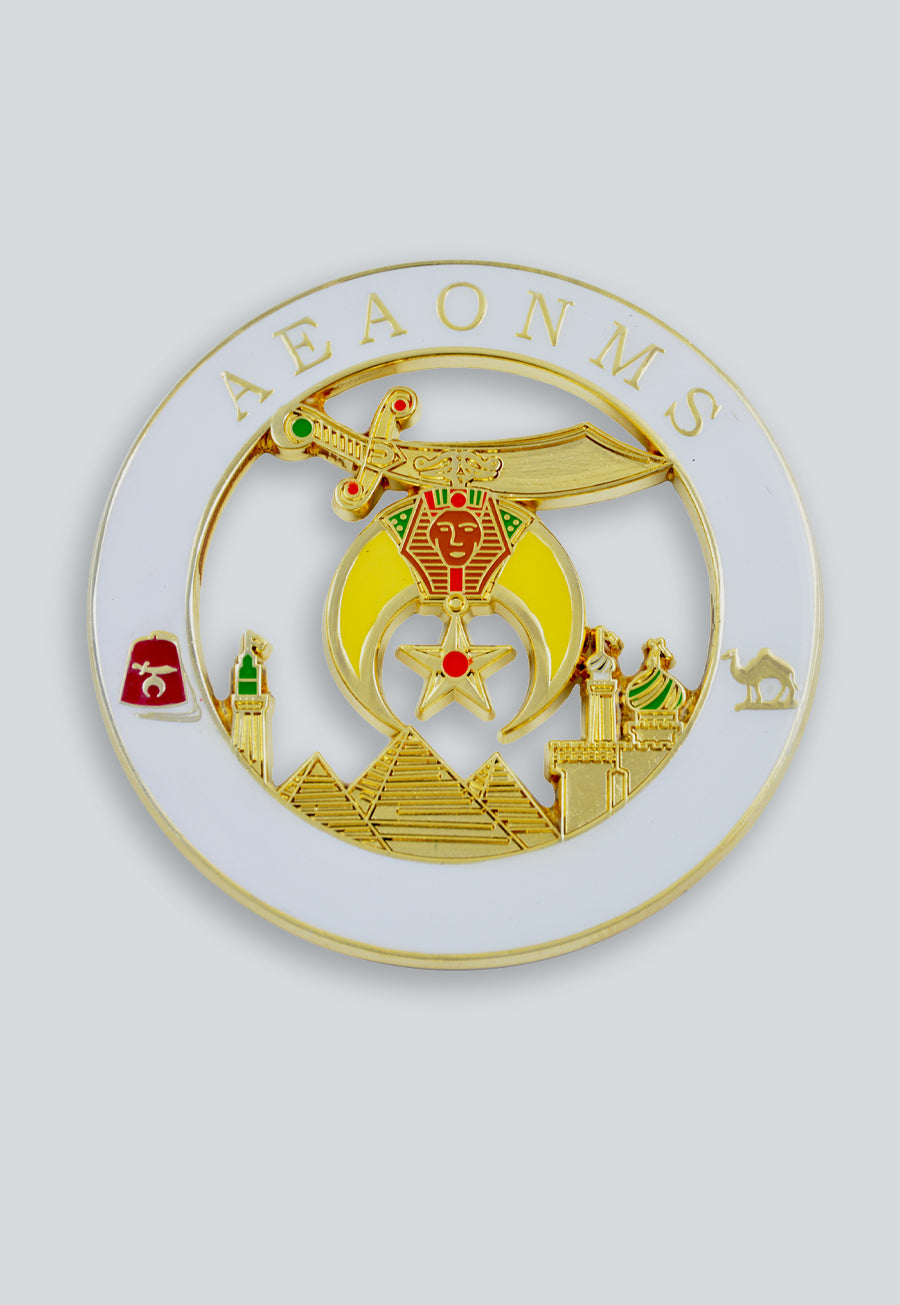 Shriner AEAONMS Masonic Auto Emblem - [White &amp; Gold]