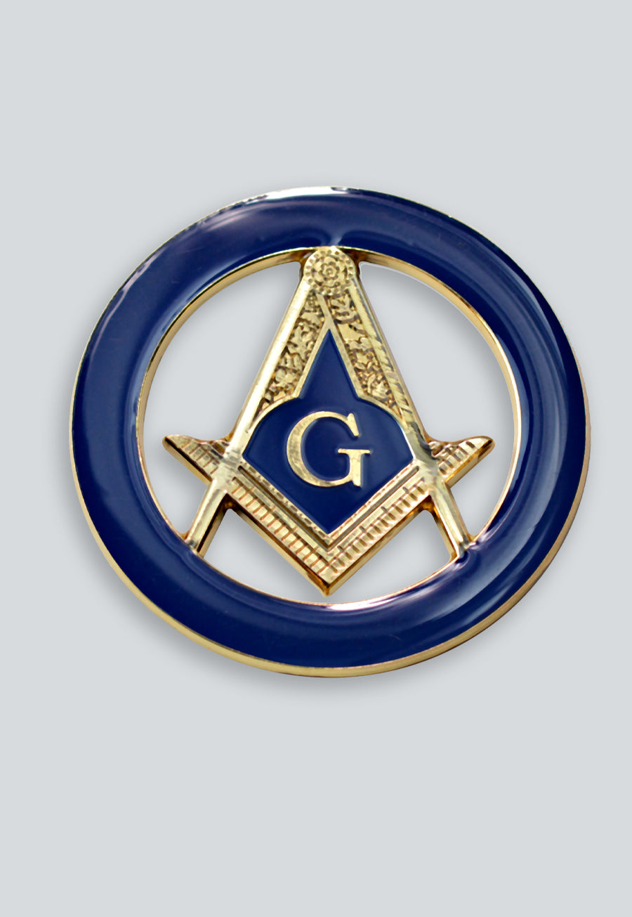 Square & Compass Round Masonic Auto Emblem - [Blue & Gold]
