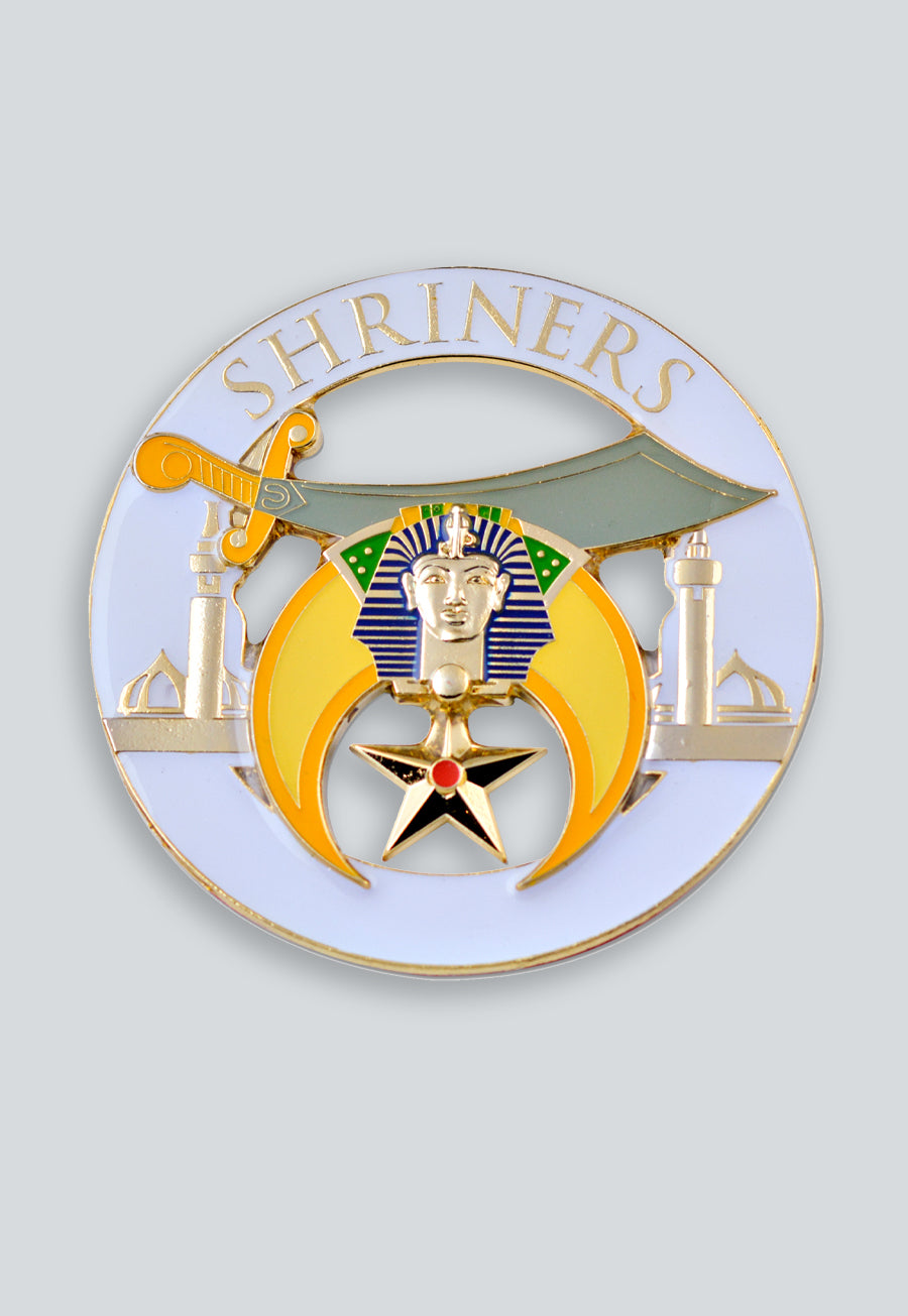 Shriners Round Masonic Auto Emblem - [White &amp; Gold]