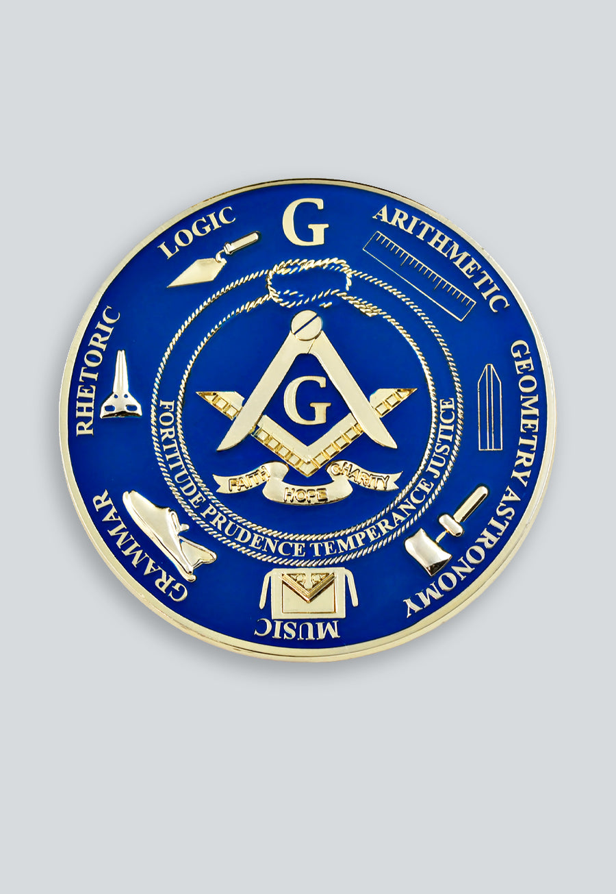 Seven Liberal Arts Round Masonic Auto Emblem - [Blue &amp; Gold]