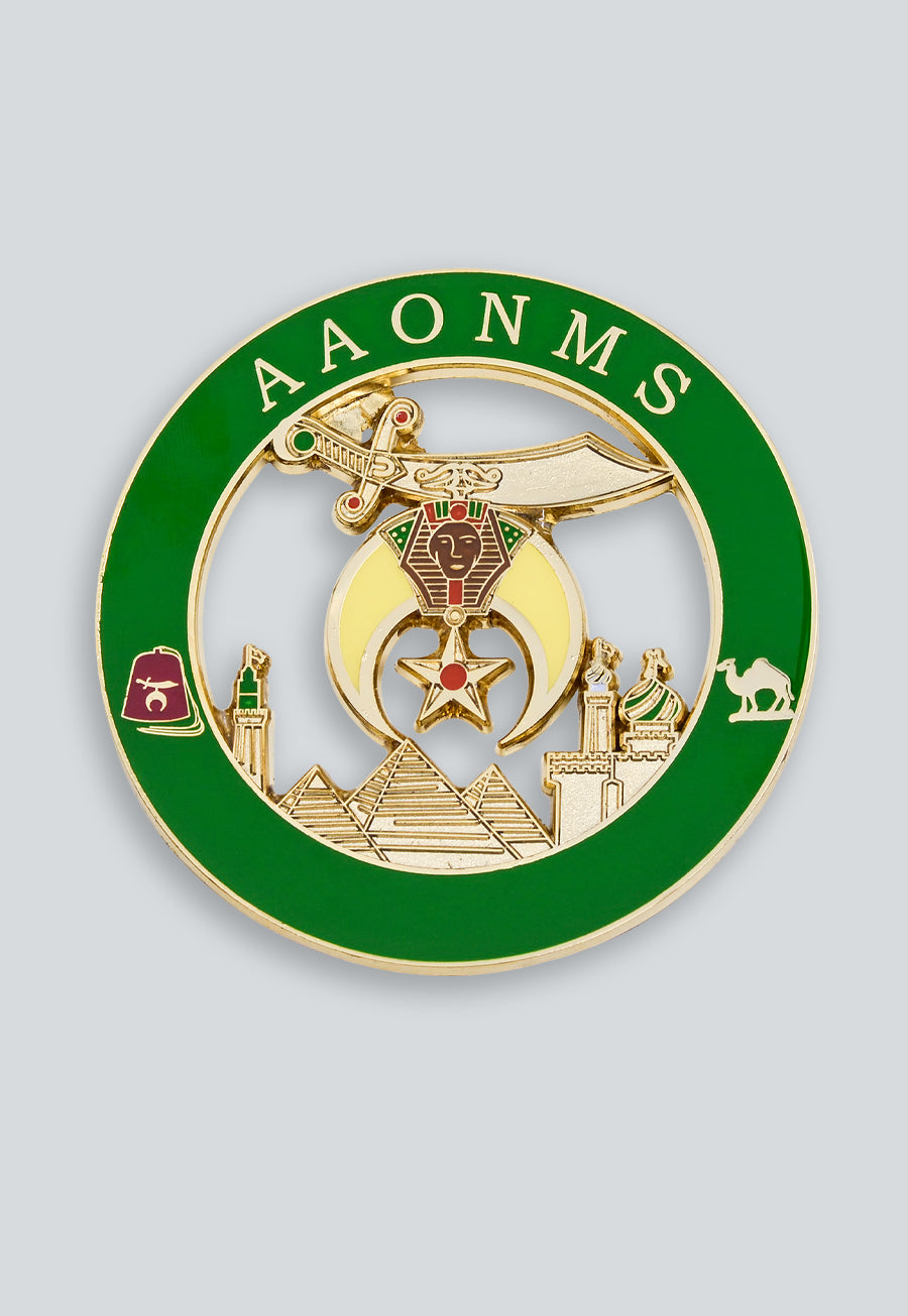 Shriner AAONMS Round Masonic Auto Emblem - [Green &amp; Gold]