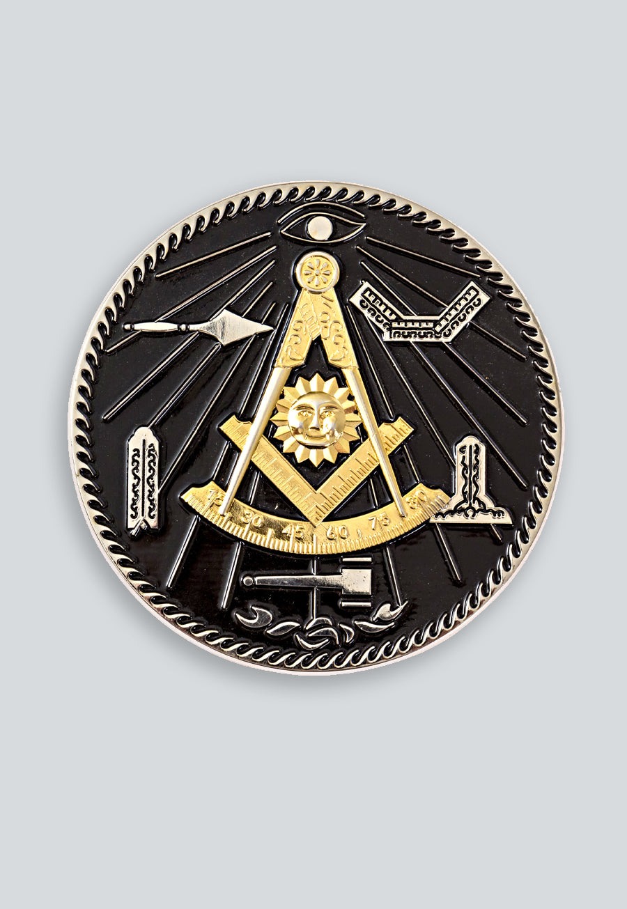 Past Master with Square &amp; Quadrant and Working Tools Masonic Auto Emblem - [3 3/8'' Diameter]