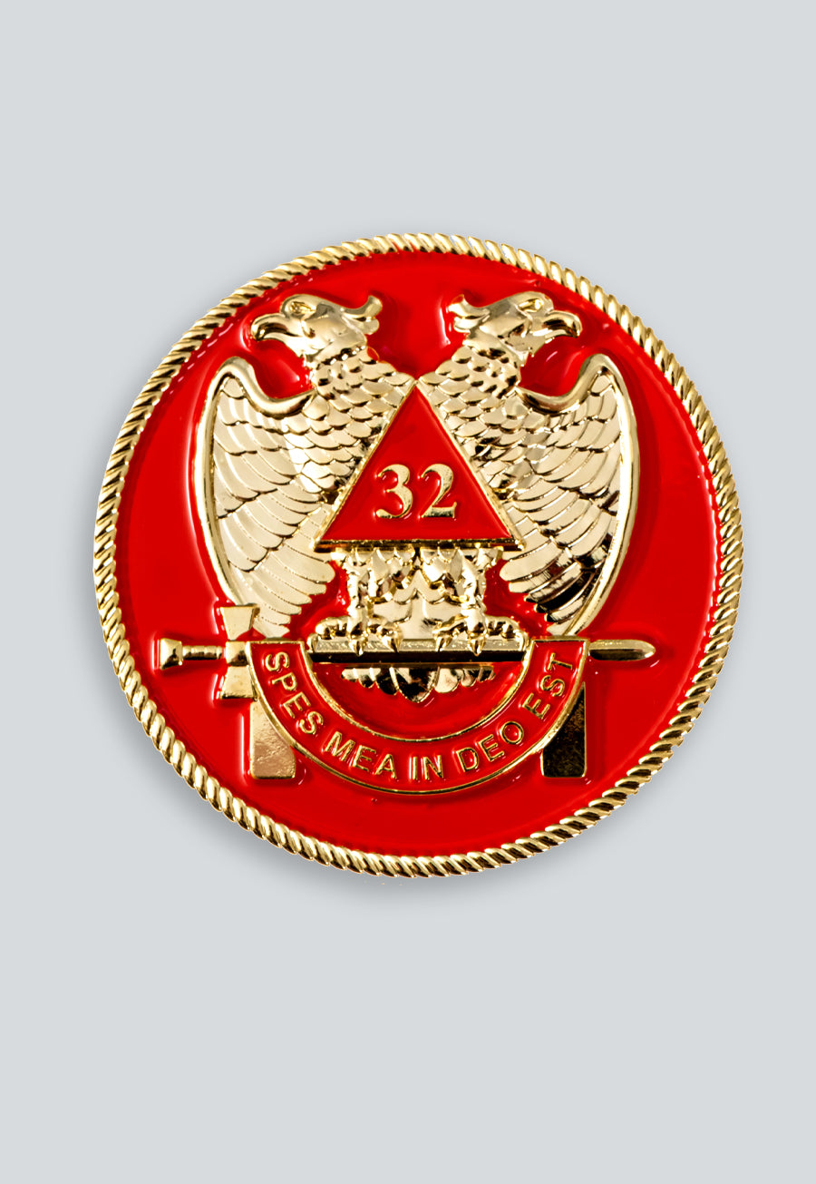 32nd Degree Scottish Rite Round Masonic Auto Emblem - [Red & Gold][2'' Diameter]