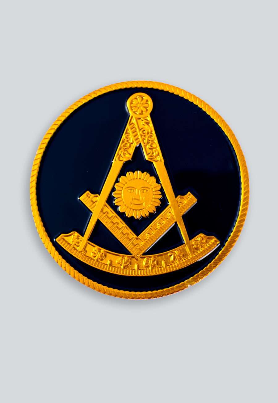 Past Master with Square Round Masonic Auto Emblem - [Blue & Gold][2'' Diameter]