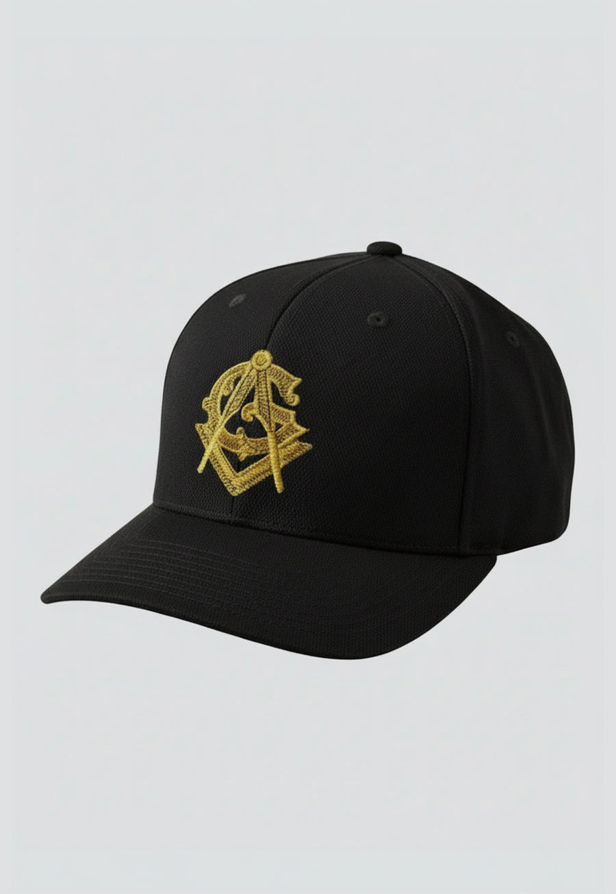 Gold Square and Compass Embroidered Masonic Flexfit Adult Cool &amp; Dry Sport Hat