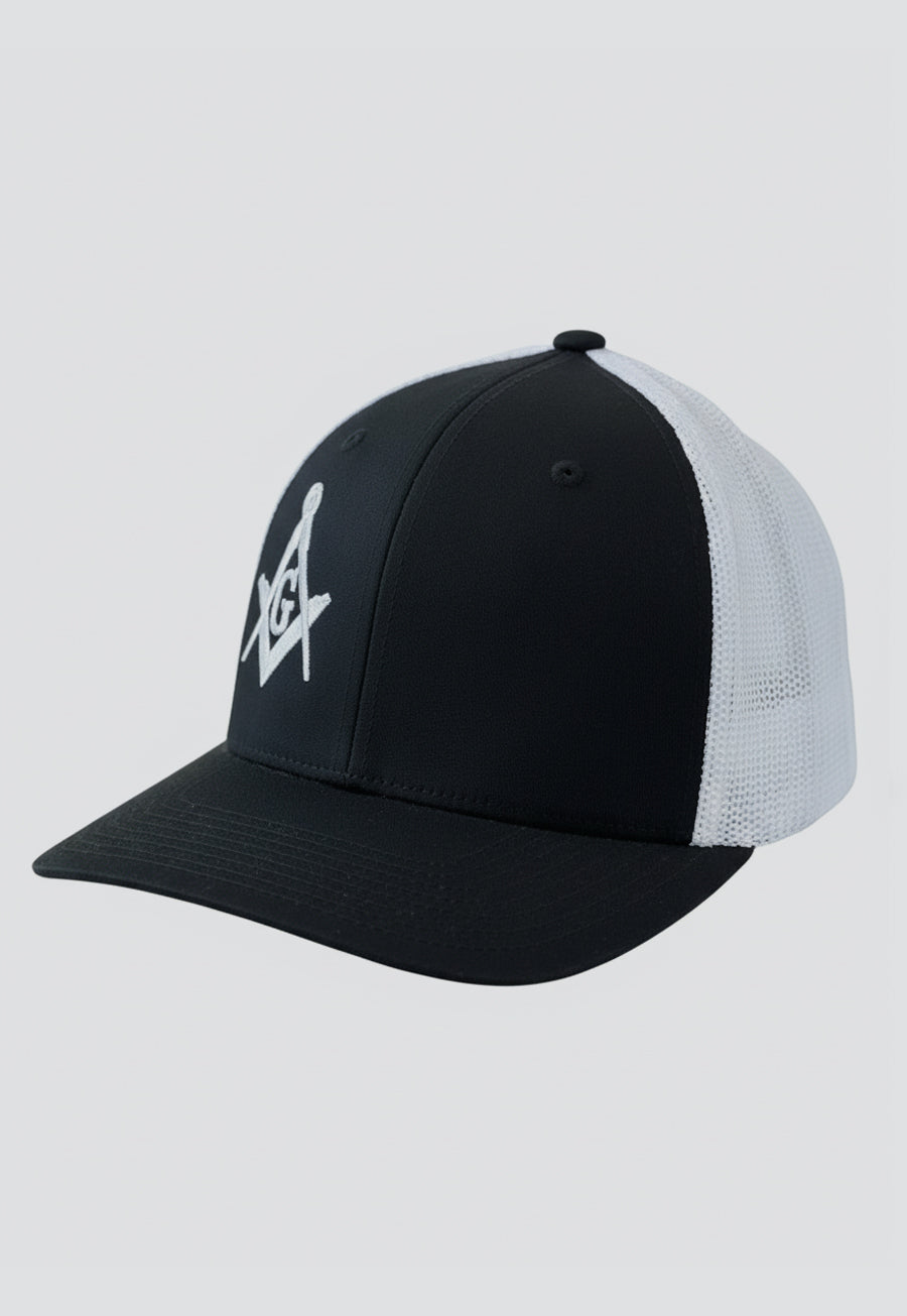 Square &amp; Compass Embroidered Masonic Flexfit Adult Trucker Hat