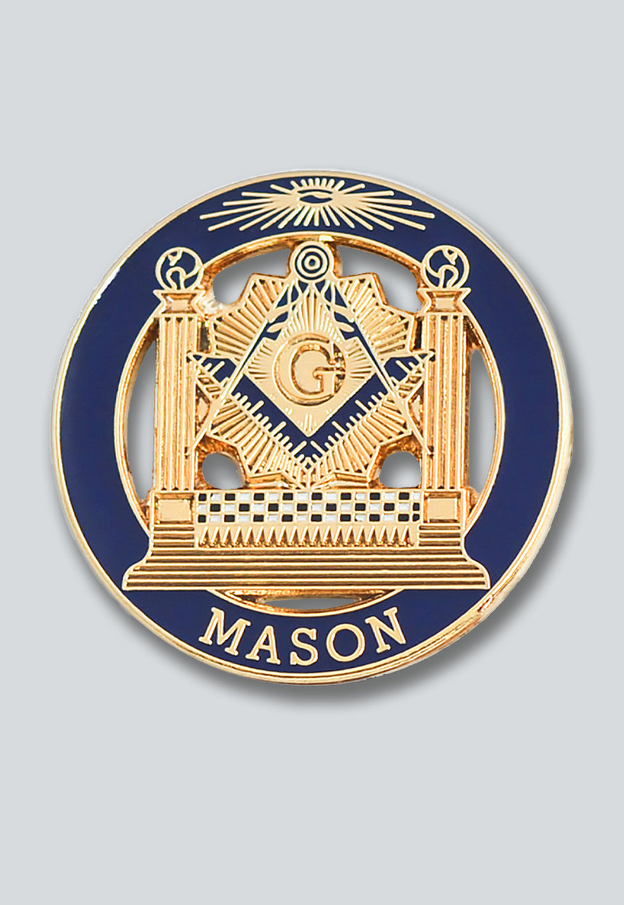 Square &amp; Compass with Double Column Round Masonic Lapel Pin - [Blue &amp; Gold][1'' Diameter]