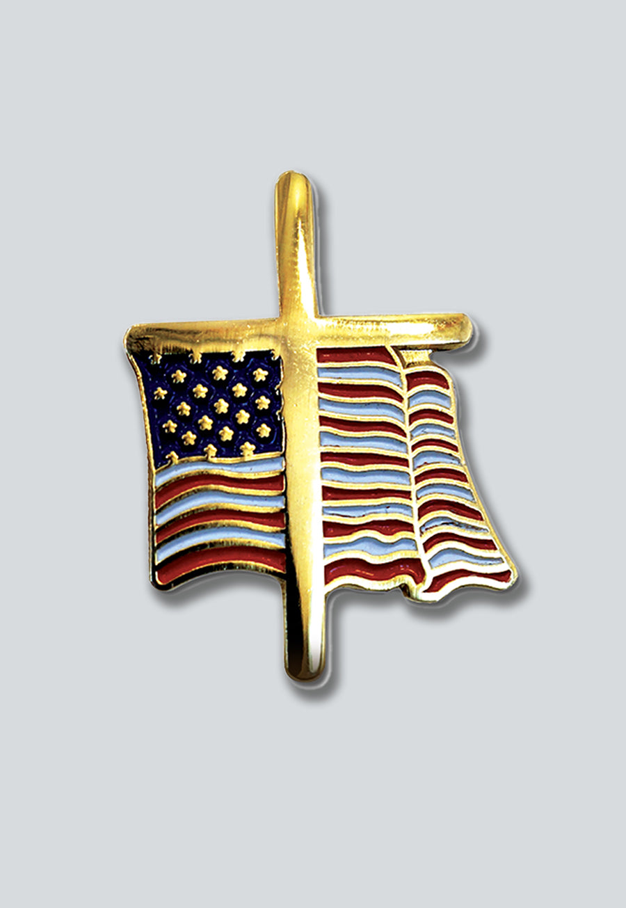 American Flag with Cross Lapel Pin - [Gold &amp; Red][1'' Tall]