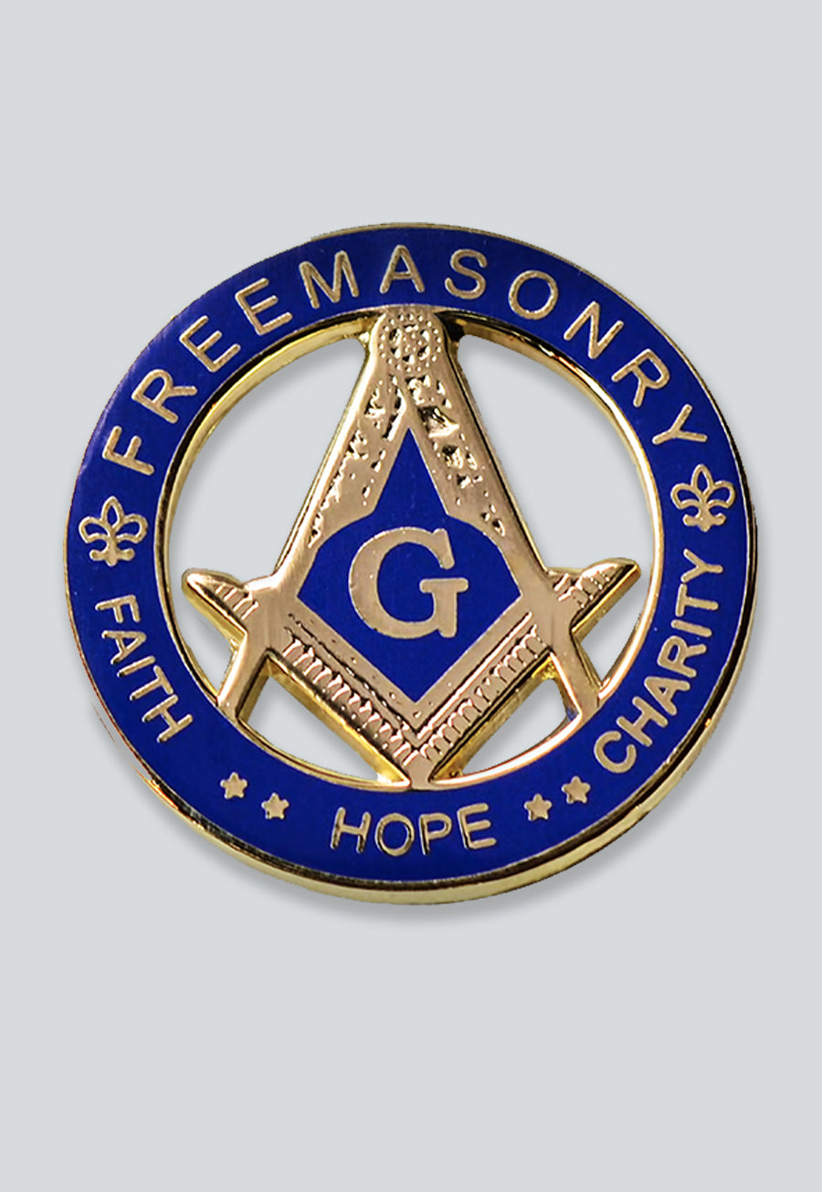 Faith Hope Charity Square &amp; Compass Round Masonic Lapel Pin - [Blue &amp; Gold][1 1/4'' Diameter]