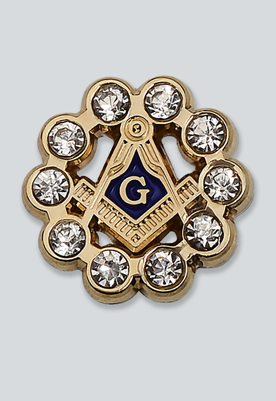 Square &amp; Compass with Rhinestones Round Masonic Lapel Pin - [Gold &amp; Blue][5/8'' Diameter]
